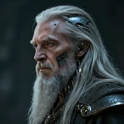 gandalf with facial cybernetic enhancements, android, detailed face, scifi character portrait by greg rutkowski, esuthio, craig mullins, 1 / 4 headshot, cinematic lighting, dystopian scifi gear, gloomy, profile picture, mechanical, half robot, implants, steampunk