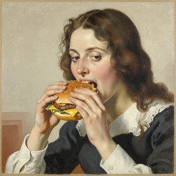 wendy devouring a cheeseburger, drawn francisco goya, mixed media mural transferred to canvas