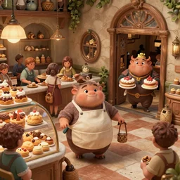 cute scene inside a busy fantasy bakery filled with shoppers, close - up of a short fat obese kobold wearing an apron behind the counter selling pastries while a chubby goblin carries a cake out from the back door, intricate, highly detailed, artstation, concept art, smooth, sharp focus, natural lighting, art by artgerm and greg rutkowski