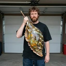 mollusk man, posing in his garage, detailed photo