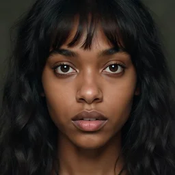 a dark - skinned young woman with wavy black hair and bangs, big protruding brown eyes, big snub nose, big mouth and round face as a dnd witch, closeup portrait by gaston bussiere, j. c. leyendecker, craig mullins, symmetry!!, realistic face