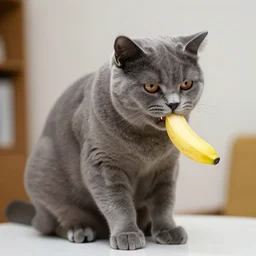 a Fat British grey cat eating a banana sitting on a table
