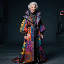 elderly woman dressed in extremely colorful clothes with many strange patterns posing for a high fashion photoshoot, haute couture, cyberpunk 2077 soft lighting dark shadows beautiful 65mm camera Ryan Church