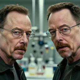 a still from breaking bad of elon musk and walter white in a meth laboratory, 8k, close-up, detailed faces, bokeh