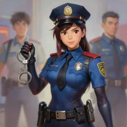Stunning Portrait of D.VA from Overwatch wearing a police uniform by Kim Jung Gi, holding handcuffs in one hand Blizzard Concept Art Studio Ghibli. oil paint. 4k. by brom, Pixiv cute anime girl wearing police gear by Ross Tran, Greg Rutkowski, Mark Arian, soft render, octane, highly detailed painting, artstation