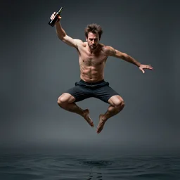an epic portrait of a man jumping in the while holding a bottle, highly detailed, high quality, digital art, five fingers, anatomically correct, dramatic lighting, studio quality