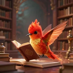 a cute adorable small flaming mythical red hummingfirebird reading in a spectacularly beautiful library #epic-render-digital-artwork #masterpiece #movie #raytracing-realism-particle-effects
