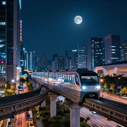 highly detailed monorail going through a modern city at night, two moons, neon