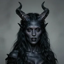 head and shoulders portrait of an evil, black - skinned, horned night hag portrayed by olympia dukakis, d & d, fantasy, luis royo, magali villeneuve, donato giancola, wlop, krenz cushart