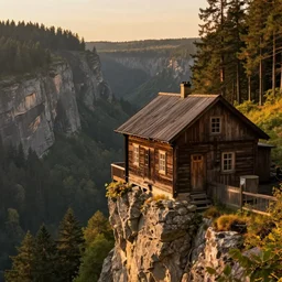 an old wooden house on the edge of a cliff. golden hour, forest landscape, high gorge, high detail. deharme lise. zatzka hans. trending on artstation