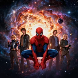 cinematic still of Marvel Cosmic Spider-Man by Hiroshi Yoshida, Jean Moebius Giraud, Zdzisław Beksiński, wayne barlowe, Gerald Brom,James Jean. Cosmic Supernova Galaxies, explosion of stars background. beautiful natural volumetric light, rendered in octane, 8k,