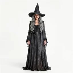 grizzled witch with pointed hat, studio photography, full body, standing, isolated on a pure white background, centered, whole figure in frame, sharp focus, studio lighting