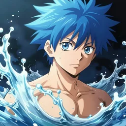 boy with blue spikey hair and water powers, anime!!!, cel shaded, shonen style, by kohei horikoshi!!!, by akira toriyama, anime visual, hd
