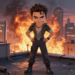 tracer, standing on rooftop, 4 k, detailed, smiling at camera, detailed eyes, confident stance, burning exploding city in background