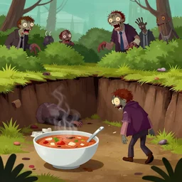 a zombie puts out a bowl of soup as a trap for adventurers looking to loot his fake corpse, but they walk right past it and into a pitfall while he laughs at them from behind the bushes, digital art