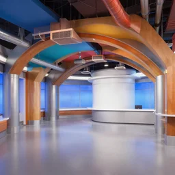 colorful nbc newsroom, industrial arches, colorful ceiling, vents and ducts, cylinder room, large hd monitors, octane render, unreal engine 5, ray tracing, depth of field