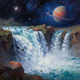 !! waterfall !! in asteroid field, stars and cosmos and planet in background, ultra detailed, high quality, very sharp, artstation award winner, ultra realistic, oil painting, digital painting, octane render, vibrant, ultra detailed water