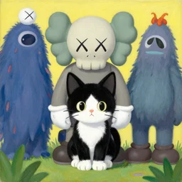 illustration of a black and white kitten between monsteras by shusei nagaoka kaws, david rudnick, airbrush on canvas, pastell colors, cell shaded