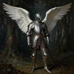 conceptual art of a medieval knight with angel wings in a forest at night, realistic painting, classical painting, high definition, digital art, matte painting, very detailed, realistic