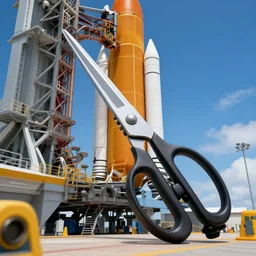 a pair of scissors on the launch pad of Kennedy Space Center, 8k, unreal engine 5, render, detailed, hyperrealistic