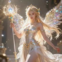a beautiful female human god of light character, character is in all its glory, character is centered on the image, character is holding magic weapon, rim lights, highly detailed professional photo, dynamic lights, particles and crystals are flying, very deep depth of field, trending on artstation, illustration, hyper realistic, vray caustics, super detailed, colorful accents, cinematic shot