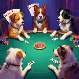 dogs playing poker, electric colors, digital painting