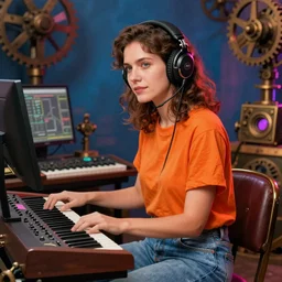 realistic portrait of a woman with brown hair, blue jeans and orange tshirt, headset, synthesizer, computer, steampunk, vivid colors