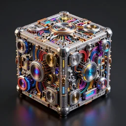 ultra detailed photorealistic the c 4 d render huge square blind box with high - tech bling covered with mechanical parts, cinematic light, sci fi, glossy, cybernetic machines, colorful, wires, robotics, futuristic decor, trending on artstation, global illumination, ultra realistic illustration, matte painting, high detailed, unreal engine, octane render, by sparth