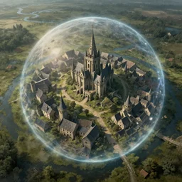 high airborne view of a downtrodden medieval town by a river in a swamp surrounded by a spherical visible magic shield, 4k, by Greg Rutkowski, fantasy, mix of celtic and Rus architecture, visible spherical shield, cinematic
