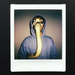 medium-shot neat polaroid photo of a big snake in a hoodie, 80s, colour, by Andy Warhol
