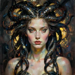 portrait of a cyberpunk medusa by greg rutkowski in the style of egon schiele