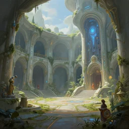 futuristic elven courtyard, with technology digital painting by greg rutkowski and james gurney, global illumination, trending on artstation, highly detailed