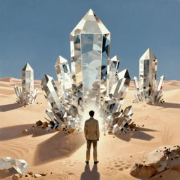 A pilot overlooking a desert with giant crystal formations by Jean Giraud Moebius