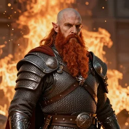 male dwarven warrior with long red beard and chainmail armor, warm light, fiery backdrop, character portrait, concept art, intricate details, full frame, highly detailed photorealistic portrait in the style of adam hughes, seseon yoon, artgerm and warren louw