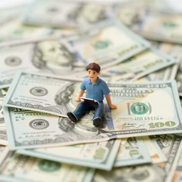 a tiny adult man sitting, happy on a large pile of money,