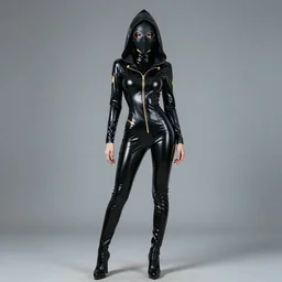 full - body portrait of thin slender female hooded plague doctor : : in a extra tight shiny oiled black plague latex suit with gold accents, long sleeves, turtleneck, plague crow mask : : cosplay, real photography, suggestive posing