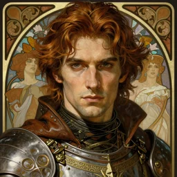 realistic detailed face portrait of a handsome wizard in ornate leather armor by alphonse mucha, ayami kojima, amano, greg hildebrandt, and mark brooks, male, masculine, art nouveau, neo - gothic, gothic, character concept design