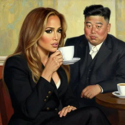 attractive jennifer lopez playing kim jong un drinking coffee, painting by j. c. leyendecker, yoji shinkawa, katayama bokuyo