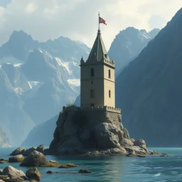 a lonely stone tower on a shore, between two mountain ranges, lonely tower, tower, tower | | realistic shaded, fine details, realistic shaded lighting painting by greg rutkowski, diego gisbert llorens, magali villeneuve, artgerm, jeremy lipkin, michael garmash, rob rey
