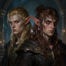 dungeons and dragons evil twin elves character closeup portrait, dramatic light, dungeon background, 2 0 0 mm focal length, painted by stanley lau, painted by greg rutkowski, painted by stanley artgerm, digital art, trending on artstation
