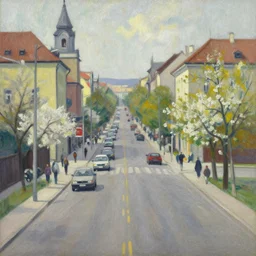 an edward hopper style painting of a busy road of ( ( ( ( ( ( ( ( gyor ) ) ) ) ) ) ) ) in hungary, spring, april of 1 9 4 8