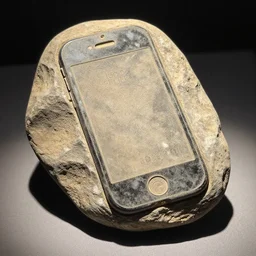 fossil of a stone iphone from the year 1 5 0 0 bc, archeological find, dusty, direct sunlight, detailed, placed in a museum, 4 k, real