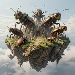 an intricate concept art illustration of a fantasy floating island rock with large insect megafauna biomes, ultra photorealistic, pinterest, artstation, cgsociety, global illumination, pinterest, digital art, hyper detail, style feng zhu and artgerm, hyperrealistic octane render, 8 k