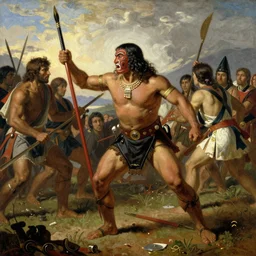 a maori warrior in battle against colonialist, romantic painting, 1 8 th century