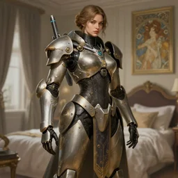 woman combat mech, bedroom photoshoot, intricate clothes, elegant, highly detailed, digital painting, artstation, concept art, smooth, sharp focus, illustration, art by krenz cushart and artem demura and alphonse mucha