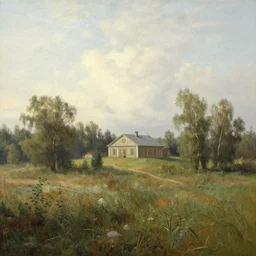 A serene landscape with a singular building in the style of  Ivan Shishkin.