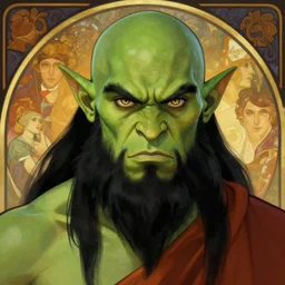 character portrait, green skin, beautiful eyes angry, handsome d & d orc ; monk ; with black hair and black beard, alphonse mucha, rhads, ross tran, dungeons and dragons character art commission, artstation, artgerm, 8 k