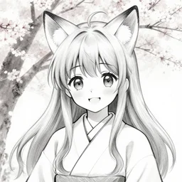 an sketch art of a cute girl with fox ears wearing kimono at a sakura tree by hiromu arakawa, manga, cheerful smile, black and white, oc commission, face sketch, pencil sketch, high quality, highly detailed, long hair, illustration, pinterest