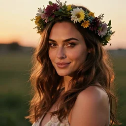 fine art photo of the beauty gal gadot, she is posing while maintain a sweet eye contact to the camera, she has a crown of flowers, the photo was taken at sunset with a bokeh effect, the photo was taken by annie leibovitz, photorealistic, matte painting, hyper realistic, concept art, 4 k, 8 k, cinematic composition, hd, highly detailed, trending on artstation