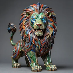 hyper ultra 4 k photo of a bizarre metal colorful armor warrior lion green red blue black glowing eyes mask made of ceramic clay feather trim intricately spectacular magnificently story carved by a master engraver by h. r. giger